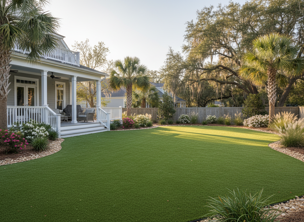 A realistic, high-quality professional photograph of a beautiful artificial turf backyard in the Lowcountry of South Carolina: lush natural-looking green turf, elegant coastal landscaping, subtle Southern architecture, warm daylight, premium residential outdoor space, inviting and polished, no people, no text, no logos.