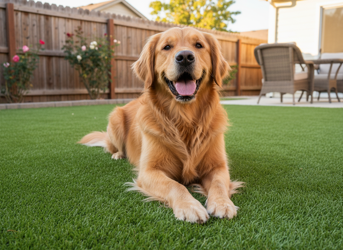 Happy dog relaxing on pet-friendly artificial turf
