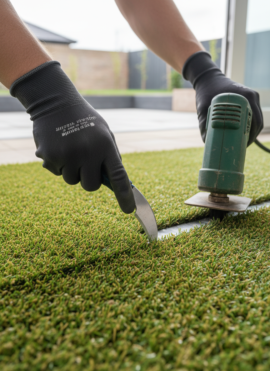 Empire Turf installer carefully finishing turf edges