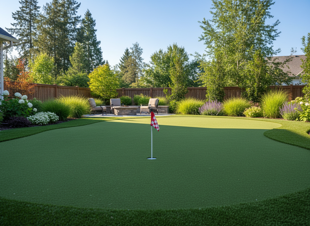 Custom backyard putting green with flag and golf ball