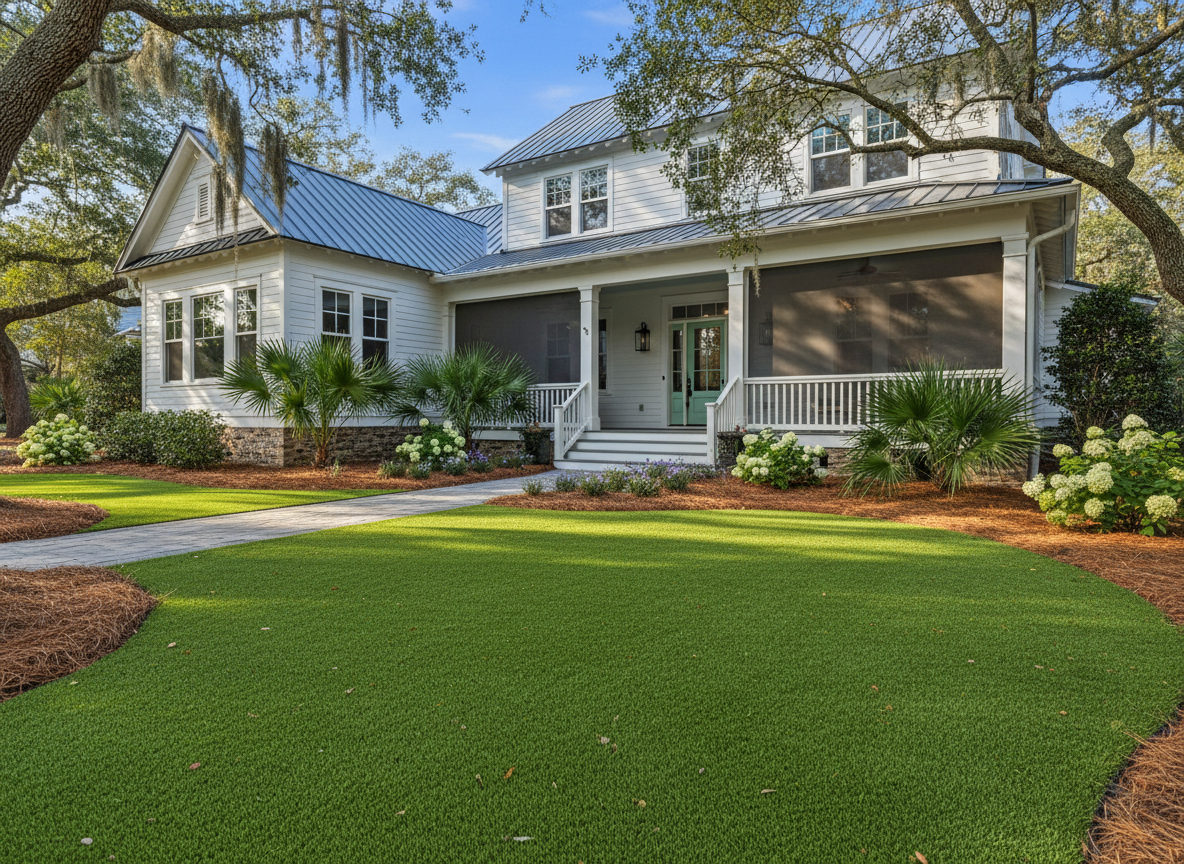 Finished artificial turf lawn at a Lowcountry home