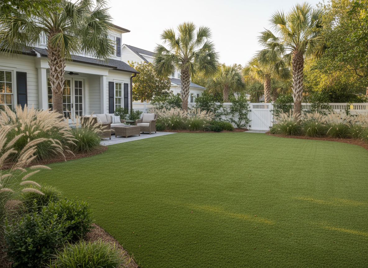 A realistic, high-quality editorial photograph of a completed artificial turf installation in a Lowcountry South Carolina residential backyard. Natural green artificial turf, subtle realistic blade texture, coastal landscaping with palmettos, ornamental grasses, native shrubs, warm Southern light, tasteful home patio and fence in the background, professionally installed and completely finished, natural residential setting, photorealistic, no people, no text, no logos.