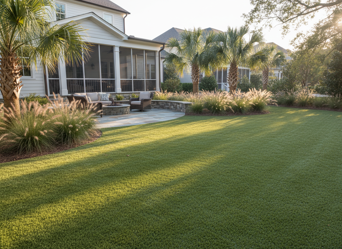 A realistic, high-quality photograph of a completed artificial turf installation in a Lowcountry South Carolina residential backyard. Natural green artificial turf with realistic texture, coastal landscaping including palmettos and ornamental grasses, a tasteful residential patio and garden setting, warm natural daylight, professionally finished lawn, photorealistic, no people, no text, no logos.