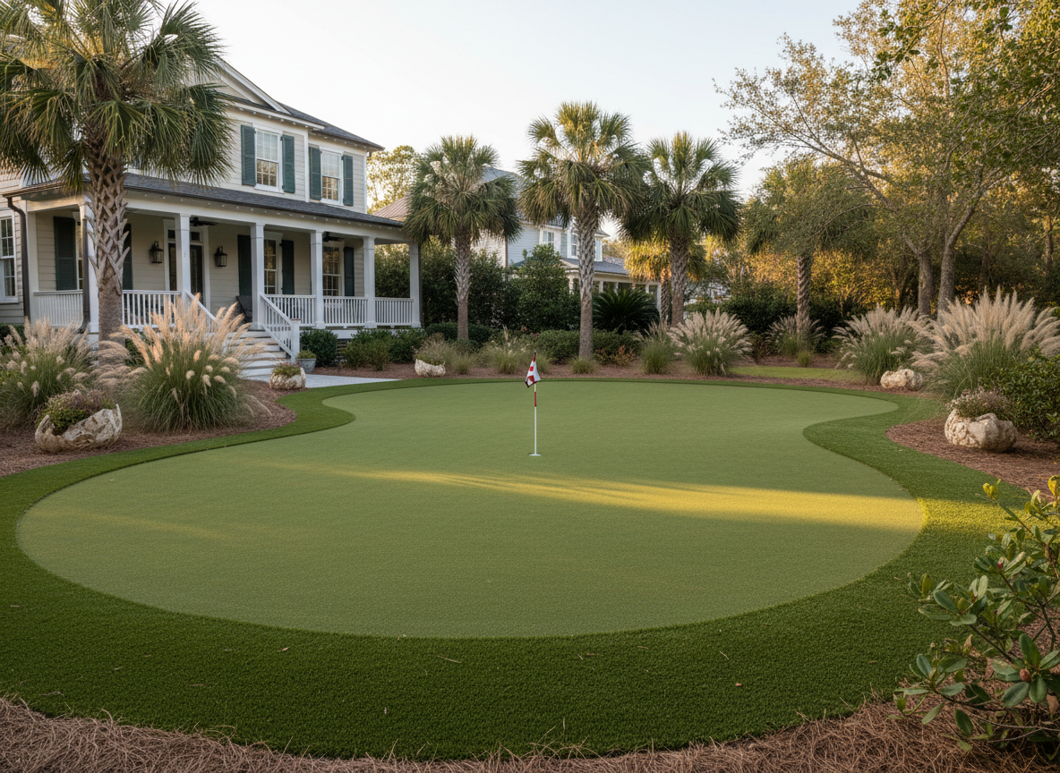 A realistic, high-quality professional photograph of a completed backyard artificial putting green at a Lowcountry South Carolina residence. Natural-looking green turf, a putting cup with flag, subtle contours, neatly trimmed fringe, and a realistic residential setting with coastal landscaping, palmettos, ornamental grasses, and a Lowcountry-style home. Warm natural daylight, photorealistic, no people, no text, no logos.