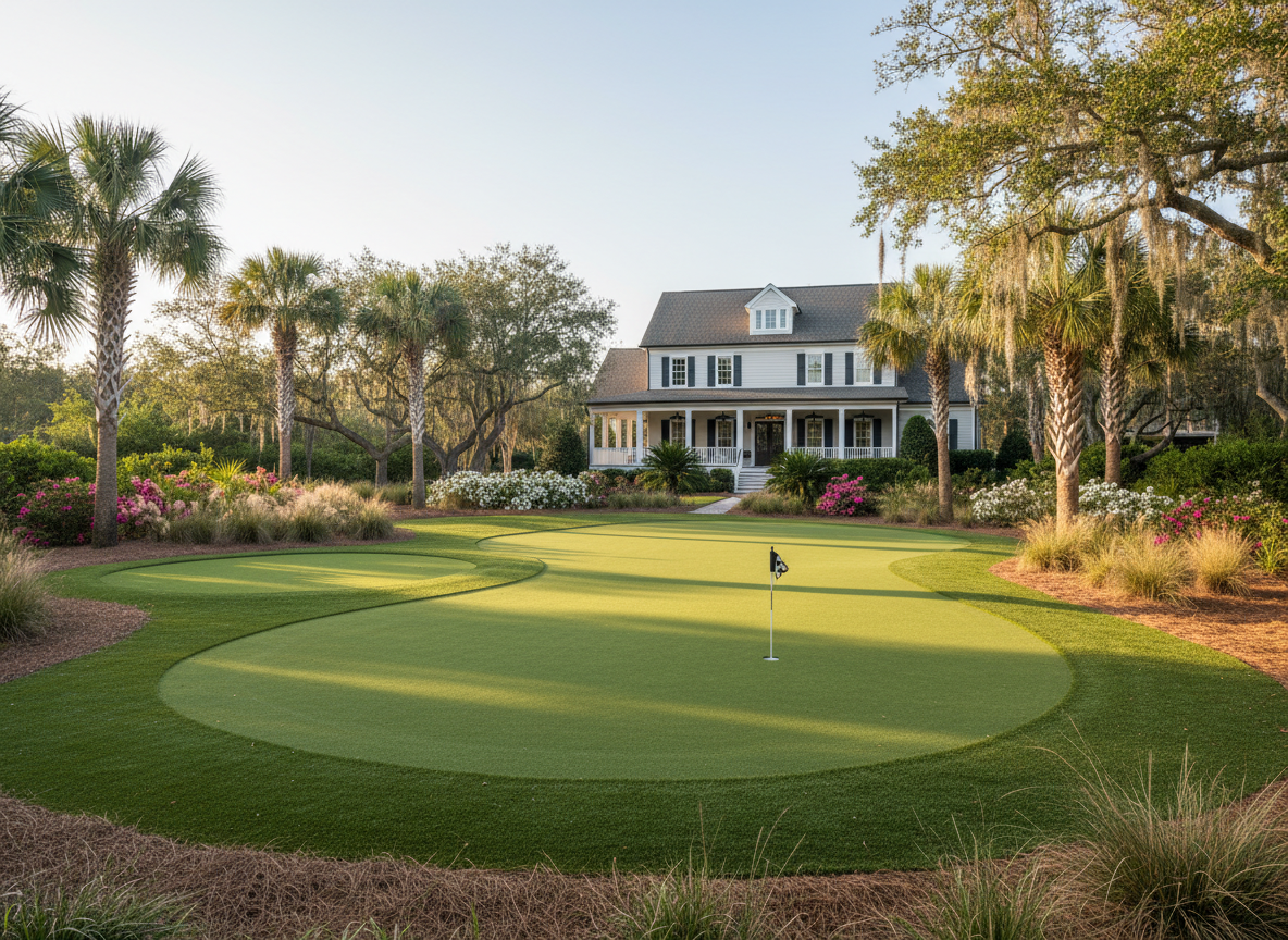 A realistic, high-quality professional photograph of a completed backyard artificial putting green at a Lowcountry South Carolina home, showing natural-looking turf with a putting cup, subtle contours, a trimmed fringe and a small chipping area, surrounded by coastal landscaping and a Lowcountry-style residence. Warm natural daylight, photorealistic, no people, no text, no logos.