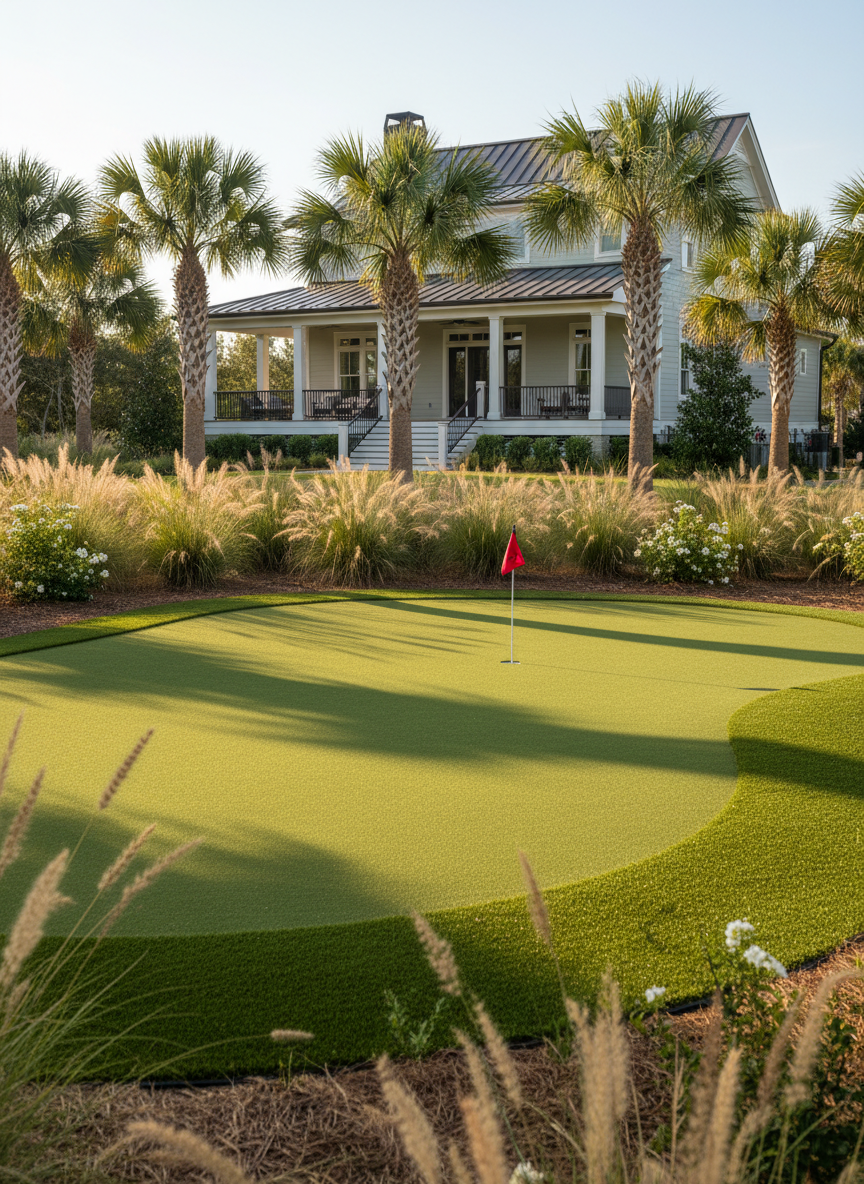A realistic, full-color professional photograph of a completed backyard artificial putting green in a Lowcountry South Carolina residential setting. Natural green turf, a visible putting cup and flag, subtle contours and trimmed fringe, coastal landscaping with palmettos and ornamental grasses, and an attractive Lowcountry-style home. Portrait composition, warm natural daylight, photorealistic, no people, no text, no logos.