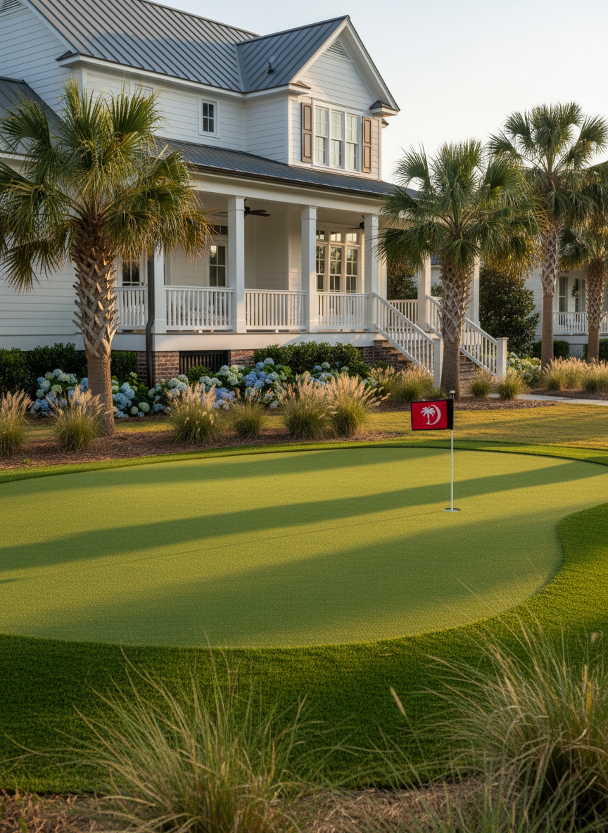 A realistic, full-color professional photograph of a completed backyard artificial putting green in a Lowcountry South Carolina residential setting. Natural green turf, a visible putting cup and flag, subtle contours and neatly trimmed fringe, coastal landscaping with palmettos and ornamental grasses, and a charming Lowcountry-style home. Portrait composition, warm natural daylight, photorealistic, no people, no text, no logos.