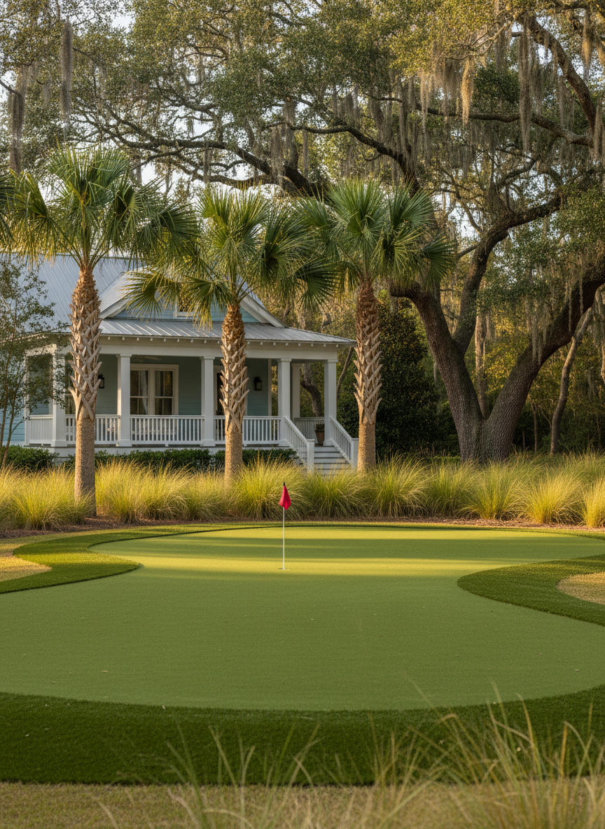 A realistic, full-color professional photograph of a completed backyard artificial putting green in a Lowcountry South Carolina residential setting. Natural green turf, a visible putting cup and flag, subtle contours and neatly trimmed fringe, coastal landscaping with palmettos and ornamental grasses, and a charming Lowcountry-style home. Portrait composition, warm natural daylight, photorealistic, no people, no text, no logos.