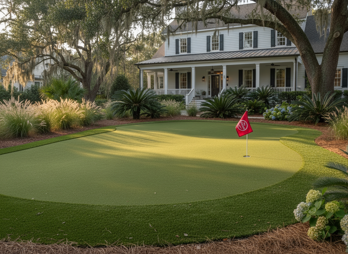 Edit this existing backyard putting green photo while preserving the home, natural turf, putting cup, landscaping, composition, and lighting. Add the exact uploaded Empire Turf logo from this conversation, rendered cleanly and legibly on the putting green flag near the cup, scaled naturally to the fabric and aligned with its perspective. Keep the result photorealistic. Do not add any other text or logos and do not change the page layout.