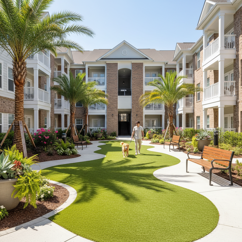 Pet-friendly courtyard dog area with clean green artificial turf