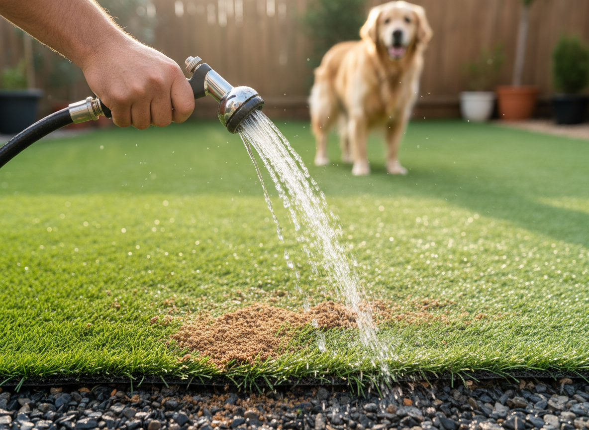 Rinsing clean pet turf with a hose while a dog stands nearby on the lawn