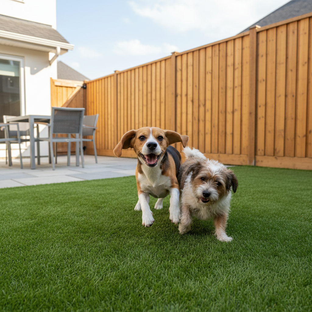 Two dogs playing on soft green pet turf in a residential backyard