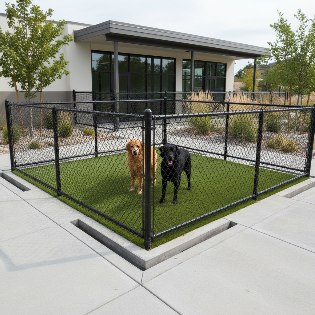 A realistic, high-quality full-color photograph of one or two dogs standing on clean green artificial turf in a professional kennel run with secure fencing. Show a neat, well-maintained residential or commercial kennel space with excellent drainage, natural lighting, and realistic landscaping. Avoid large groups of dogs, playground equipment, logos, text, and crowded scenes. Square composition suitable for a service card.