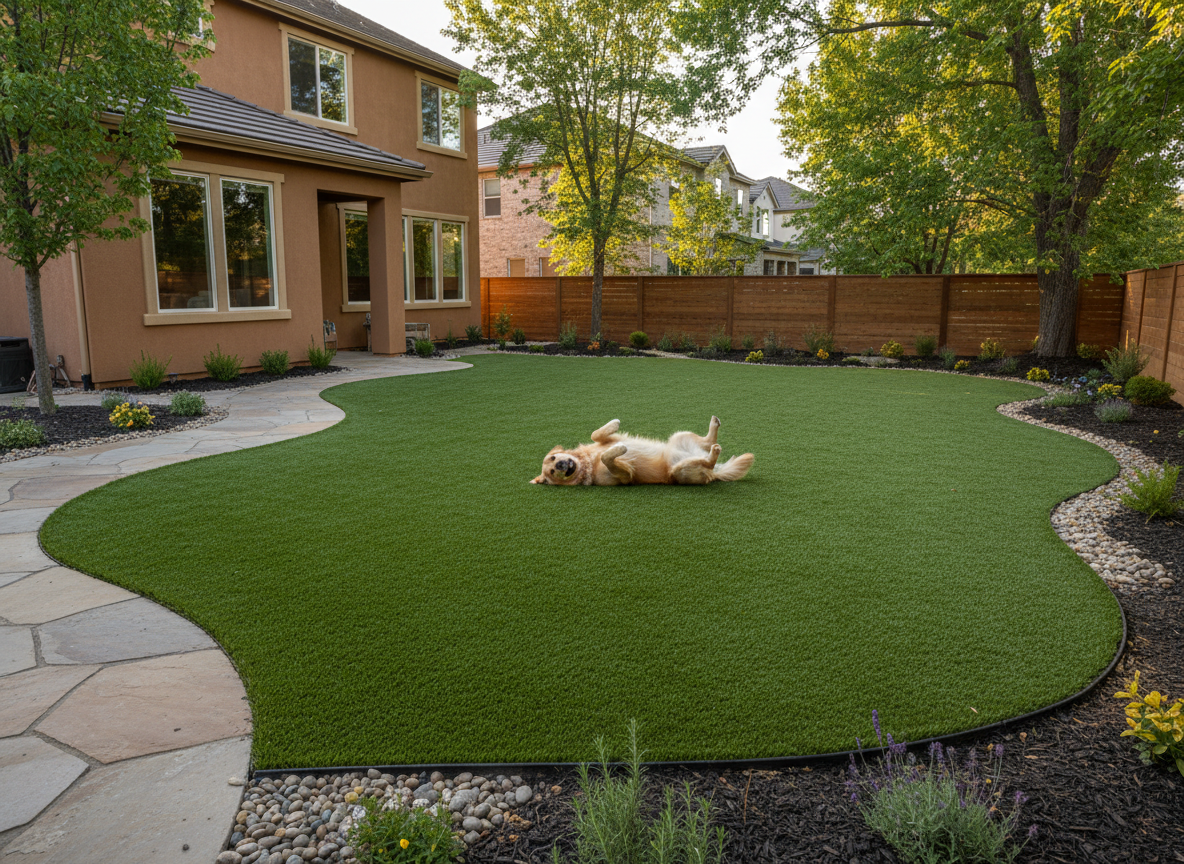 A realistic, high-quality full-color photograph of a completed pet turf installation in a beautiful residential backyard: lush green artificial grass with clean crisp edges, excellent drainage design, tasteful landscaping, and one happy dog enjoying the yard. No people, workers, tools, construction materials, or installation equipment. No text or logos. Landscape composition matching the existing image area.